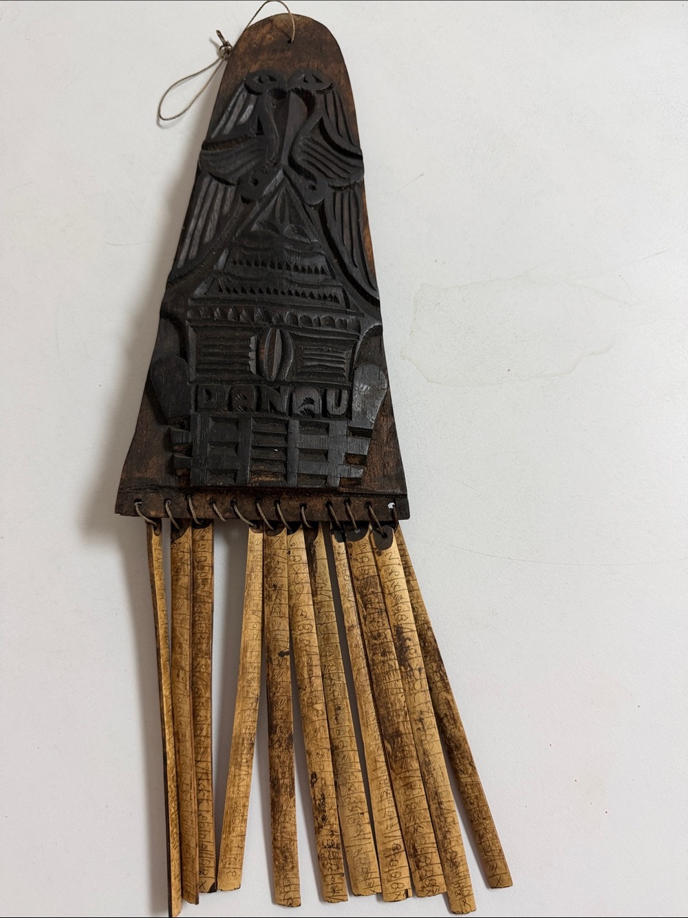 Hand-Carved Wooden Wall Hanging with Fringe - Dark Brown , divination moba danau